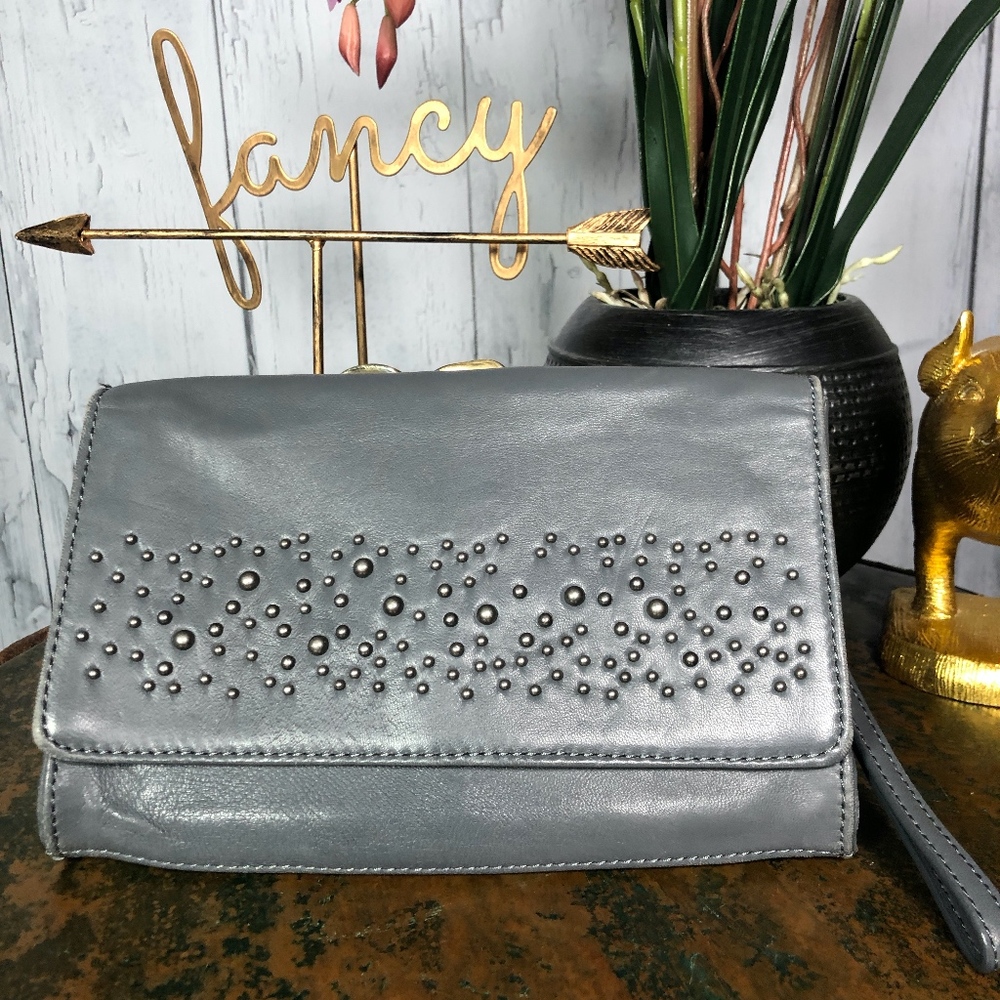 J.Jill Soft Gray Leather Studded Wristlet/Clutch